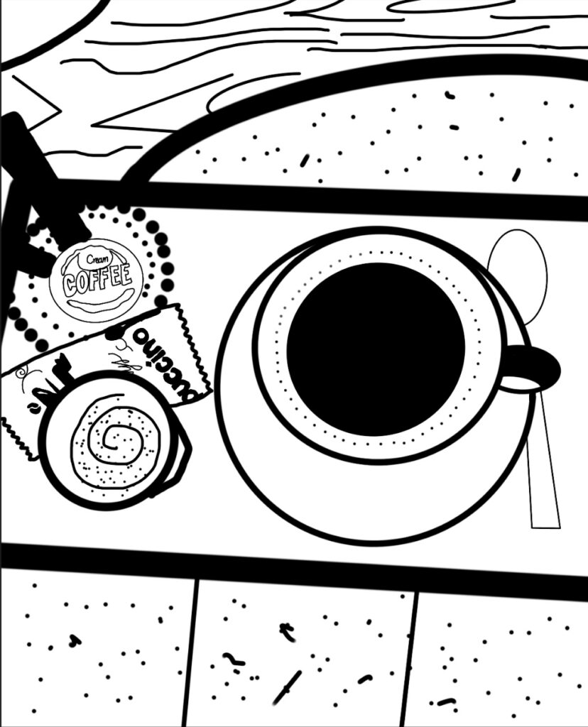 Een opdracht waarop de lijnen, punten en vlakken gebtas koffie met bijhorigheden. case-pagina