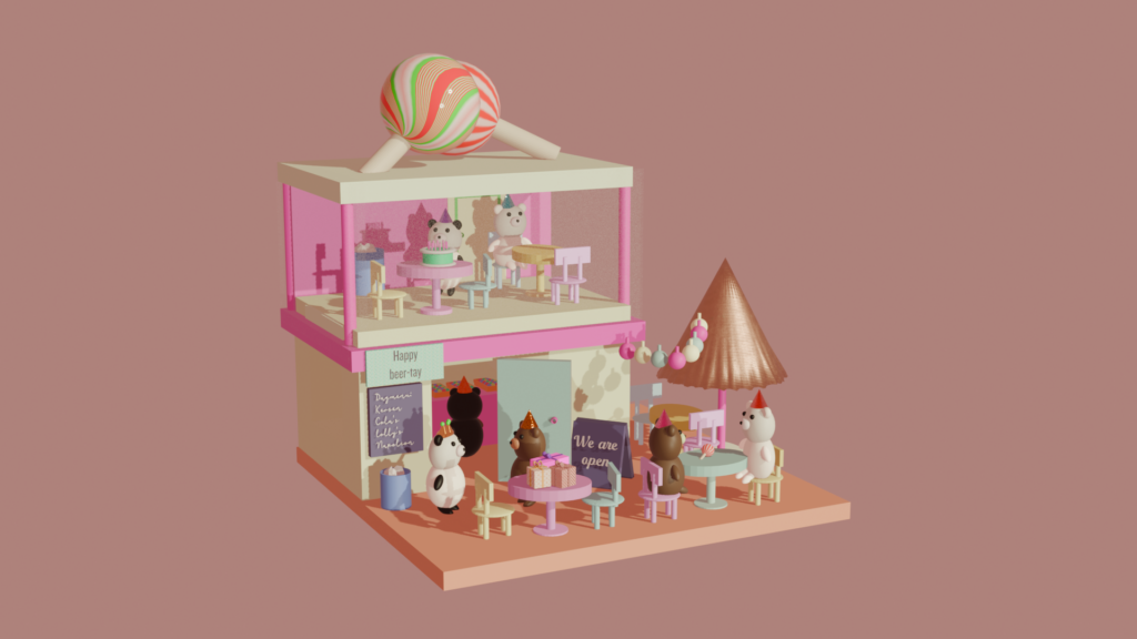 Een 3d diorama dat ik gemaakt heb tijdens de les 3d skills. Je ziet een feestje van panda's. case-pagina